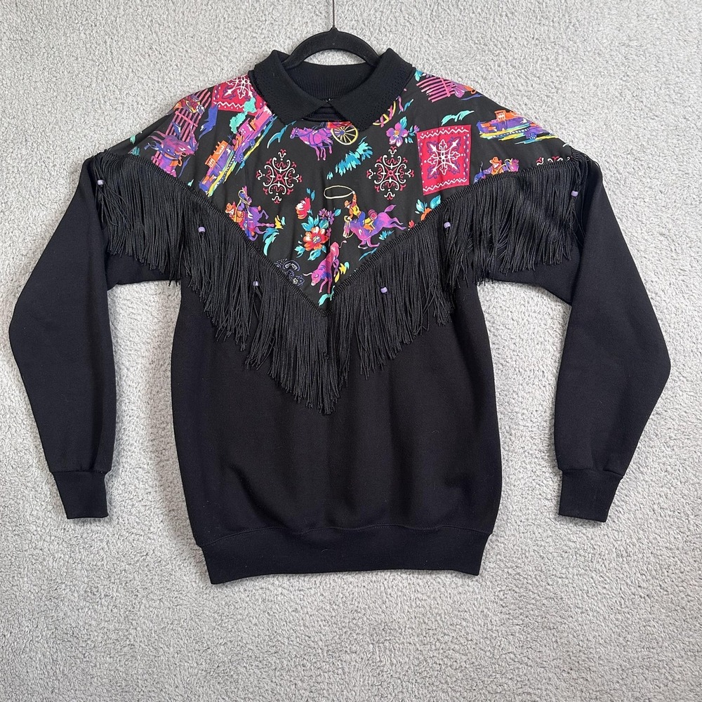 Vintage Hanes Sport Sweater Womens‎ Large Western Fringe Cowboy USA 80s Rodeo